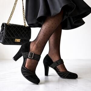 Michelle K Black Suede Mary Jane Heels Contrast Stitch Block Heel Size 6